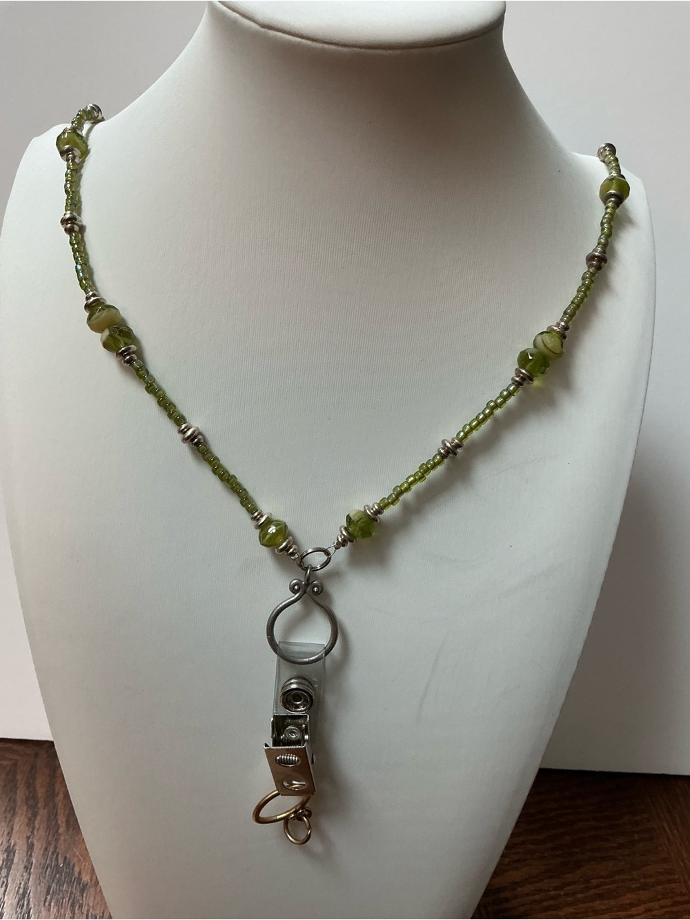 Beaded Green Lanyard Necklace with Silver Hardware